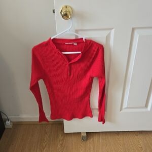 Ribbed Long-Sleeve Henley Top - Red